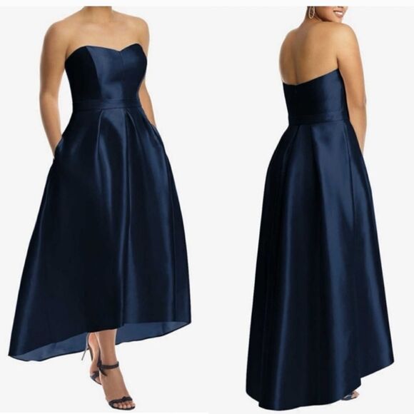 NWT Alfred Sung Corset-top High-low Gown Dress Midnight Navy Blue Satin Size 16 - Picture 1 of 9